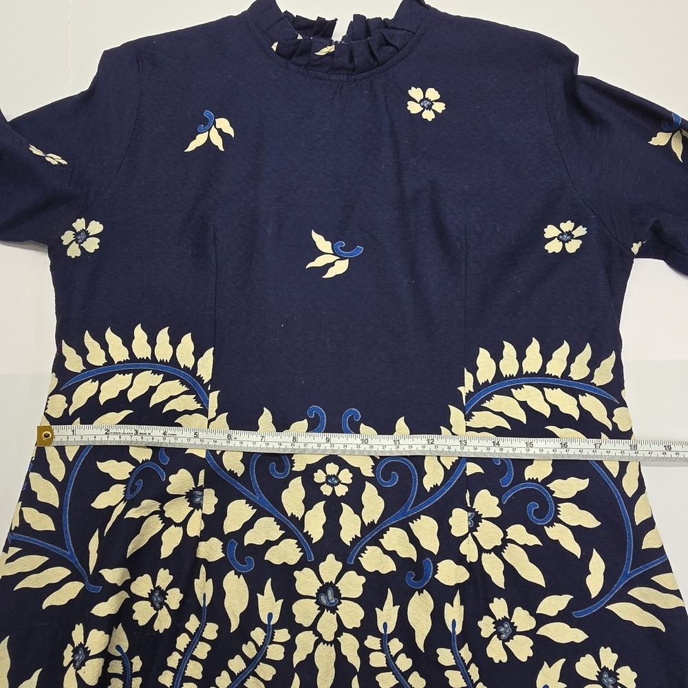Bali Lestari Navy Blue Batik Floral Bird Print Bell Sleeve Mini Dress Large - Picture 7 of 8